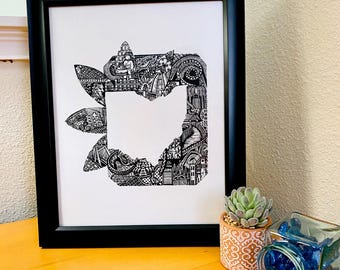 Lámina artística de Ohio, imagen oculta a pluma y tinta, decoración con historia del estado.