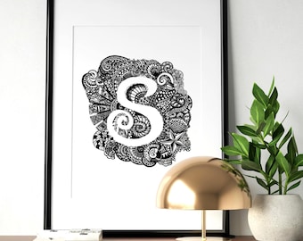Letra S (Orilla del mar y conchas) Hid-N-Tangle, Inicial familiar, Arte mural único para la decoración del hogar