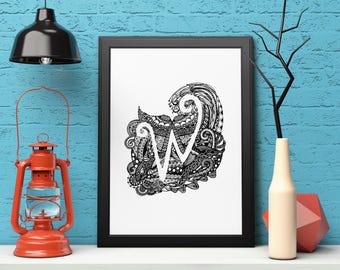 Letra W (Olas y Ballenas) Hid-N-Tangle, Inicial familiar, Arte mural único para la decoración del hogar