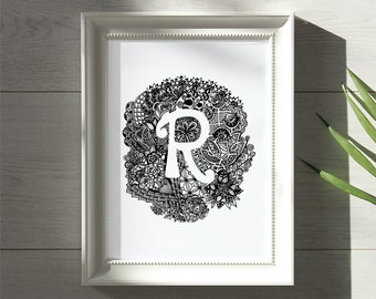 Letra R (Rosas) Hid-N-Tangle, Inicial familiar, Arte de pared único para la decoración del hogar