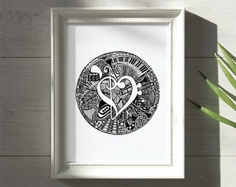 Amor por la música, Hid-N-Tangle, instrumentos de banda de concierto, arte mural único para la decoración del hogar.