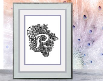 Letra P (Pavo real) Hid-N-Tangle, inicial familiar, arte de pared único para la decoración del hogar