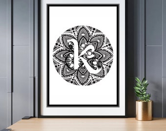 Letra K (Caleidoscopio) Hid-N-Tangle, Inicial familiar, Arte mural único para la decoración del hogar