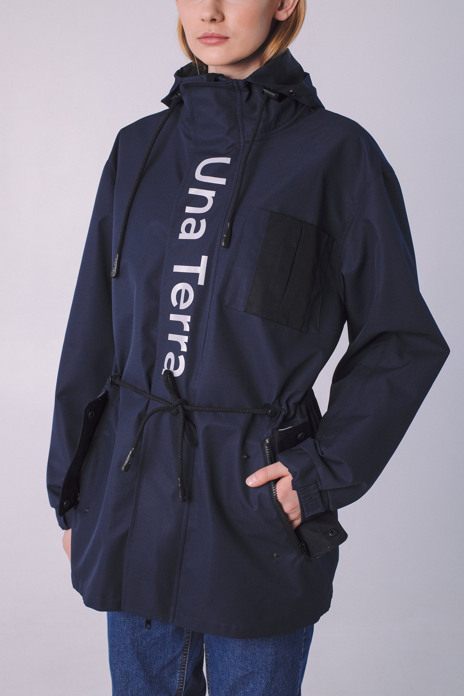 Recycled blue rain jacket for woman embroidered. Ecofriendly Etsy