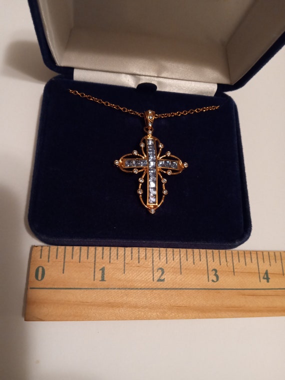 Simulated Ceylon Sapphire Cross Necklace.  Jacquel