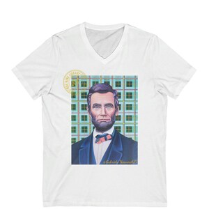 V-Neck Tee Lincoln Art, Unisex White Jersey, The Wine Library Collection @GabrielaNoaneaArt