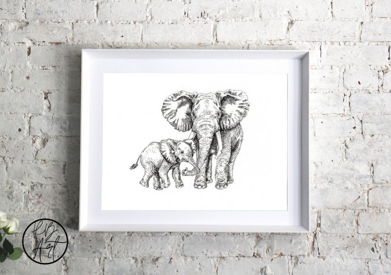 Elephant Art Mother & Baby Elephant. Mother Day Gift. Etsy