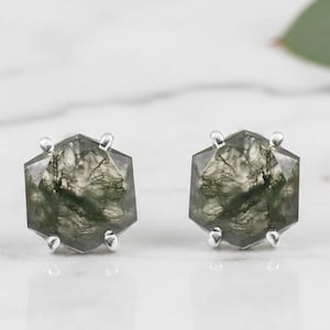 12mm Hexagon Moss Agate Stud Earrings, Sterling Silver, Geometric Minimalist Gemstone Studs