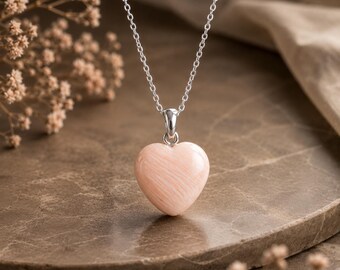 Natural Pink Opal Heart Pendant Necklace, 925 Sterling Silver Heart Necklace, Handmade Pink Gemstone Jewelry, Minimalist Heart Pendant.