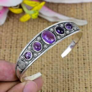 Natural Amethyst oxidized Gemstone Bangle 925 Sterling Silver Cuff Bracelet Handmade Bracelet Designer Bangle Adjustable Bangle Gift For Her