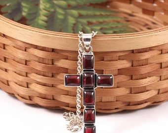 Natural Garnet Cross Necklace, Sterling Silver Garnet Cross Pendant, January Birthstone Jewelry, Christian Jewelry, Jesus Cross Necklace