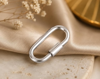 925 Sterling Silver Carabiner Lock Pendant, Oval Screw Clasp Necklace Connector, Handmade Designer Jewelry, Unique Minimalist Gift for Her