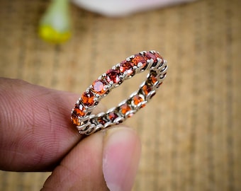 Red Cubic Zircon Silver Ring, Full Eternity Silver Ring, 925 Sterling Silver Band Handmade Jewelry, Prong Setting Silver Ring For Women Gift
