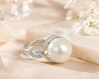 Freshwater Pearl Ring 925 Sterling Silver CZ Halo Ring Dainty Pearl Statement Ring Cubic Zirconia Promise Ring Anniversary Gift for Women