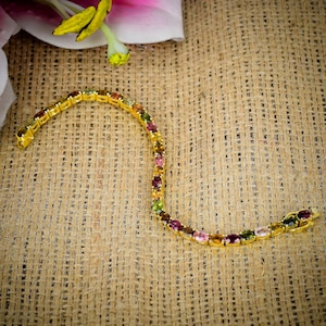 Multicolor Tourmaline Gemstone Tennis Bracelet in Sterling Silver, 925 Sterling Silver Adjustable Bracelet, Gold Plated Tennis Bracelet Gift