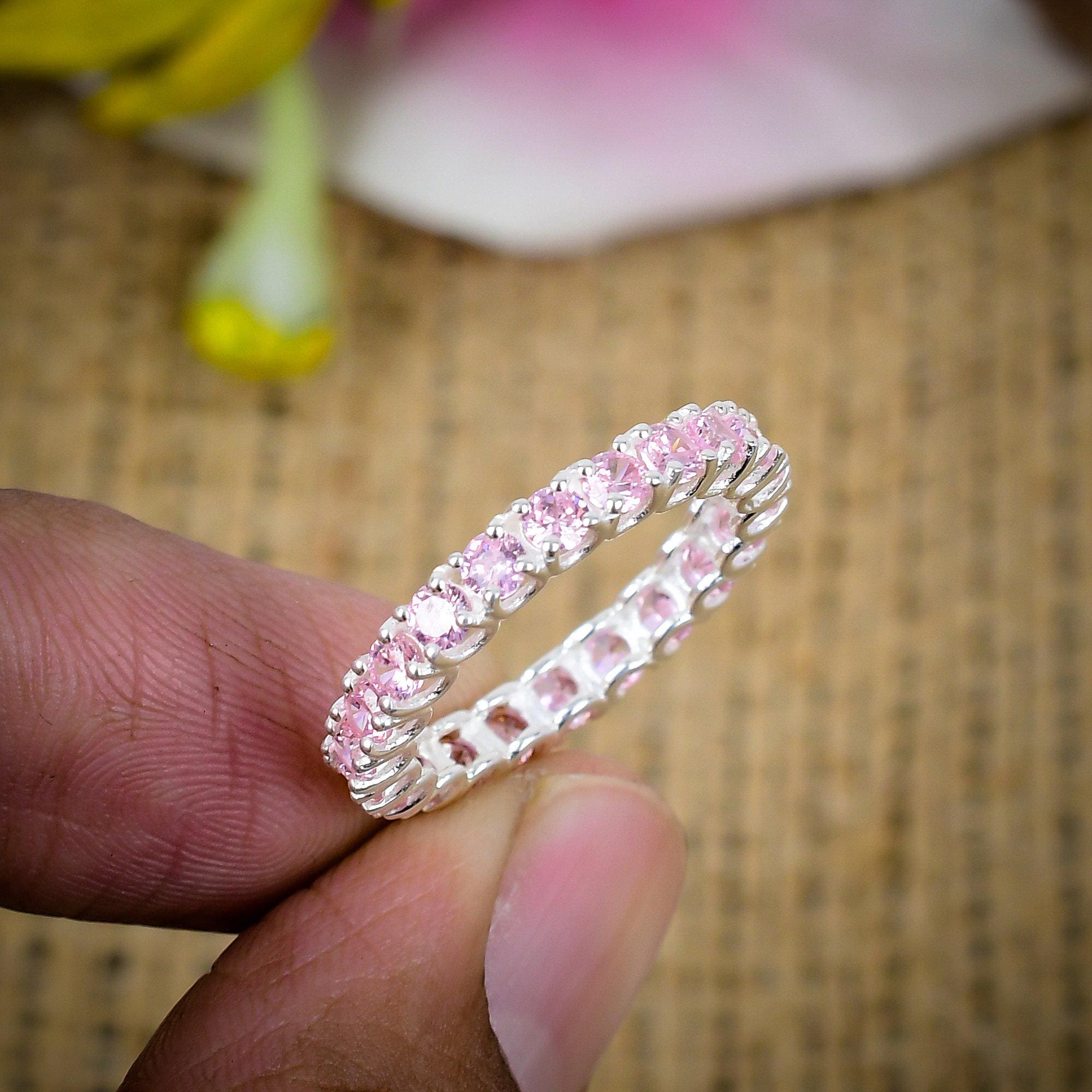 Amazing Pink CZ Engagement Band for Women, Birthstone Band, Sterling Silver Wedding Band, 925 Silver Handmade CZ Stone Ring, Cubic Zirconia