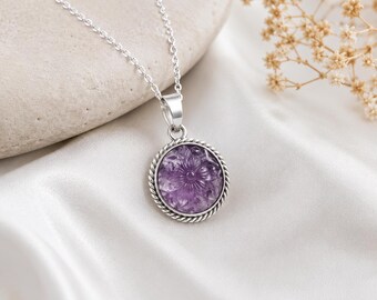 925 Sterling Silver Hand-Carved Amethyst Flower Pendant Necklace, Natural Purple Amethyst Floral Necklace, Handmade Gemstone Pendant