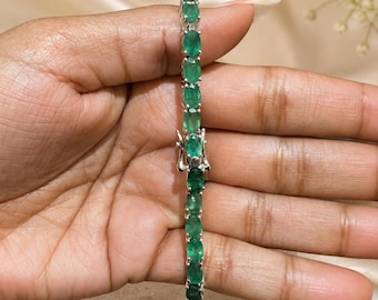 Handmade Emerald Tennis Bracelet, 925 Sterling Silver Natural Emerald Bracelet, Elegant Gemstone Link Bracelet, May Birthstone Jewelry Gift
