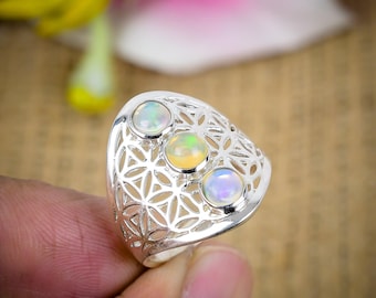 Sterling Silver Ethiopian Opal ring Flower Of Life Ring Multi Color Opal Ring Minimalist Seeds of Life Ring Geometry Mandala Flower Rings