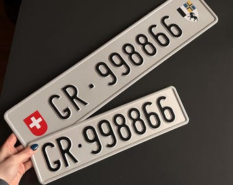 Custom Pair Switzerland Embossed License Plates, Name White Sign Copy Personalize Aluminum European Euro EU Swiss 2 plate