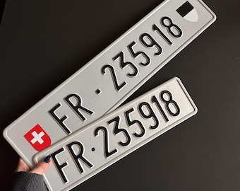 Pair Custom Switzerland Embossed License Plate Name White Sign Copy Personalize Delete Aluminum European Car Euro EU Swiss 2 plate