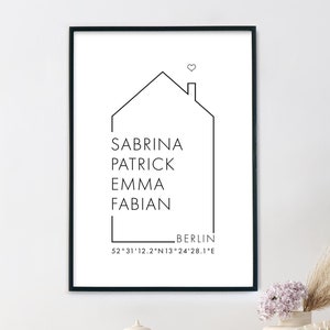 Familien Poster: Namen & Koordinaten - Personalisiertes Geschenk zum Einzug, Einzugsgeschenk, Umzug, Haus, Wohnung, Geburtstag, Weihnachten