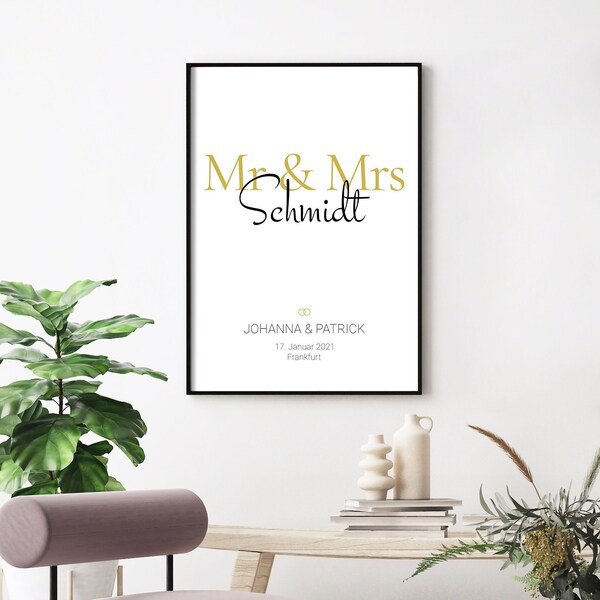 Hochzeitsgeschenk, Mr & Mrs Poster mit Namen und Datum personalisiert | Bild Hochzeit, Verlobung, Jahrestag, Brautpaar, Ehefrau, Ehemann