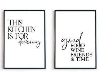 Küchen Poster – Bilder Set als Küchendeko | Esszimmer – Schwarz Weiß Typografie Spruch – Geschenk Einzug | dancing kitchen | good wine food