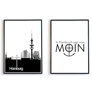 Hamburg Poster Set - 2er Set für dein Wohnzimmer - Nordliebe - Hamburg Skyline & In Hamburch sagt man Moin - Spruch Bild - ohne Rahmen
