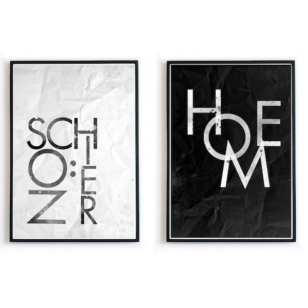Schön Hier & Home Bilder Set | Typography Spruch Poster Schwarz Weiß | Skandi Spruch