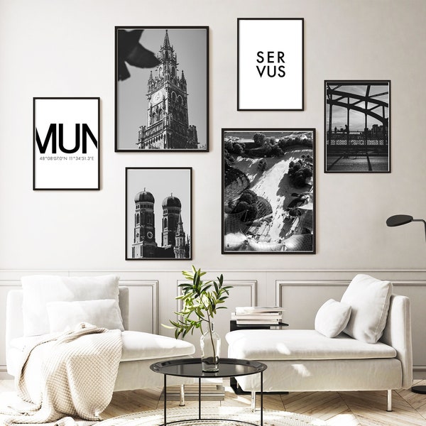 München Poster in Schwarz Weiß | Fertiges Wohnzimmer Bilder Set - Geschenk Einzug / Umzug - München Souvenir - Marienplatz  - ohne Rahmen