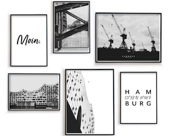 Hamburg Poster Set - Bilder in Schwarz Weiß - 6er Set für dein Wohnzimmer - 2mal 30x40cm & 4mal DinA4 - Geschenk Einzug - ohne Rahmen