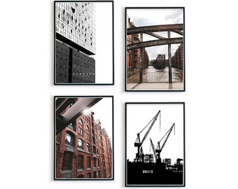 Hamburg Poster Set - 4er Bilder Set für dein Wohnzimmer - Nordliebe - Hamburg Elbphilharmonie, Speicherstadt, Kräne sw  -ohne Rahmen