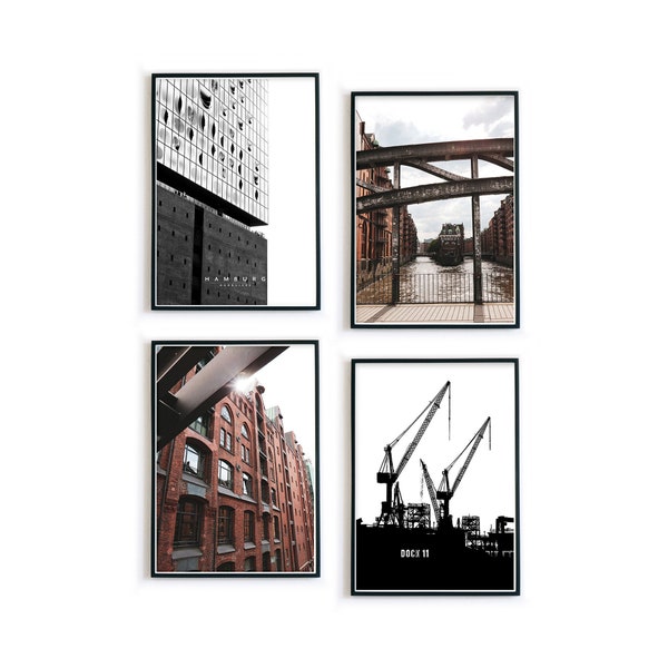 Hamburg Poster Set - 4er Bilder Set für dein Wohnzimmer - Nordliebe - Hamburg Elbphilharmonie, Speicherstadt, Kräne sw  -ohne Rahmen