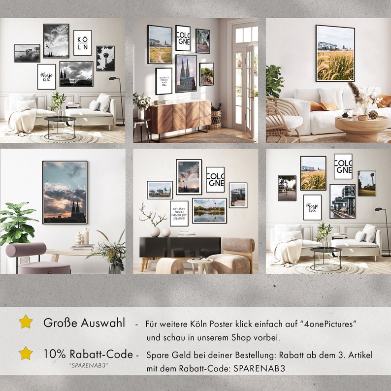 K&ouml;nnte beinhalten: Eine Collage aus gerahmten Schwarzwei&szlig;fotos von K&ouml;ln, Deutschland, mit dem Text "Cologne" und "Koeln" in den Rahmen. Die Fotos sind an einer Wand in einem Wohnzimmer mit einem wei&szlig;en Sofa und einem Couchtisch angebracht.