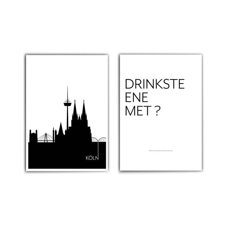 K&ouml;nnte beinhalten: Schwarz-wei&szlig;-Illustration der K&ouml;lner Skyline mit dem Text "DRINKSTE ENE MET?" darunter. Die Skyline umfasst den K&ouml;lner Dom und den K&ouml;lner Fernsehturm.