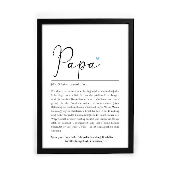 Papa Definition Poster mit Rahmen  | persönliches Geschenk Vatertag, Geburtstag, Weihnachten | Bester Papa der Welt | Definition | Vater