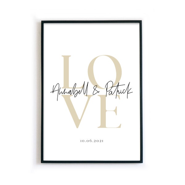 Poster Personalisiert für Paare - Love Bild mit euren Namen + Datum | Geschenk Valentinstag, für Sie, Hochzeit, Weihnachten, Jahrestag