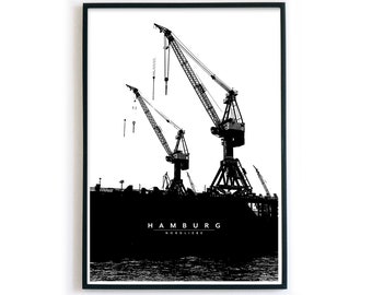 Hamburg Bild - Hafen Kräne - Poster für dein Wohnzimmer - Nordliebe - Hamburg schwarz Weiß Foto - ohne Rahmen