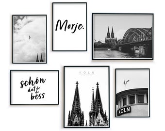 Köln Poster Set - Bilder in Schwarz Weiß - 6er Set Wohnzimmer  - Geschenk Einzug Umzug - Kölner Dom - ohne Rahmen