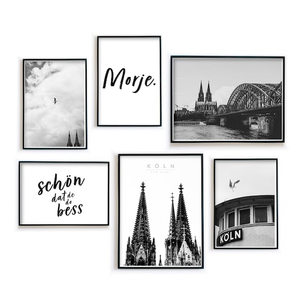 Köln Poster Set - Bilder in Schwarz Weiß - 6er Set Wohnzimmer -30x40cm | Din A4 - Geschenk Einzug / Umzug - Kölner Dom - ohne Rahmen