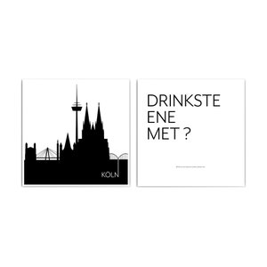 K&ouml;nnte beinhalten: Schwarz-wei&szlig;-Illustration der K&ouml;lner Skyline mit dem Text "DRINKSTE ENE MET?" darunter. Die Skyline umfasst den K&ouml;lner Dom und den K&ouml;lner Fernsehturm.