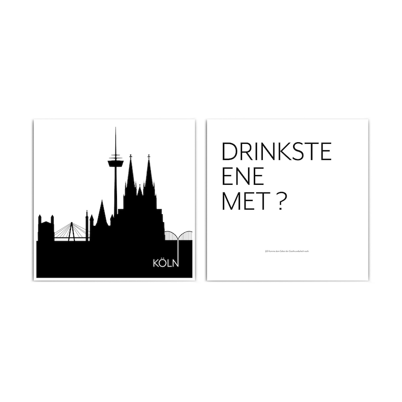K&ouml;nnte beinhalten: Schwarz-wei&szlig;-Illustration der K&ouml;lner Skyline mit dem Text "DRINKSTE ENE MET?" darunter. Die Skyline umfasst den K&ouml;lner Dom und den K&ouml;lner Fernsehturm.