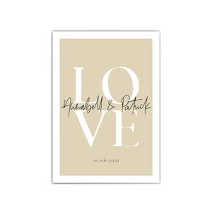 Poster Personalisiert für Paare Love Bild mit euren Namen Datum Geschenk Valentinstag, für Sie, Hochzeit, Weihnachten, Jahrestag Beige