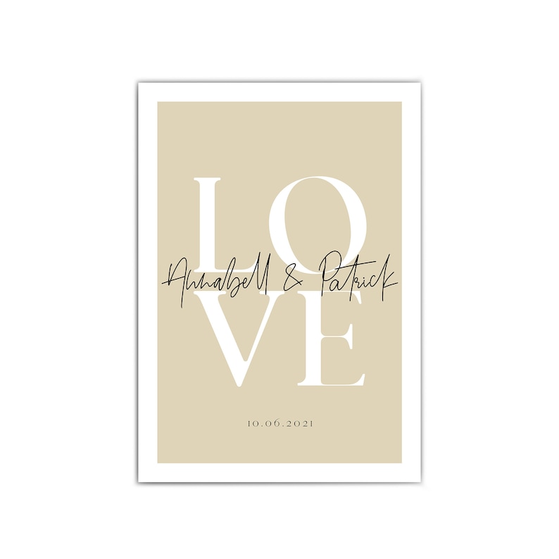 Poster Personalisiert für Paare Love Bild mit euren Namen Datum Geschenk Valentinstag, für Sie, Hochzeit, Weihnachten, Jahrestag Beige