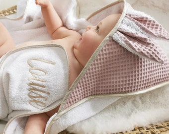 coffret cadeau naissance personnalisé, Jolie cape de bain avec oreilles en éponge de coton et coton gaufré, prénom de bébé,