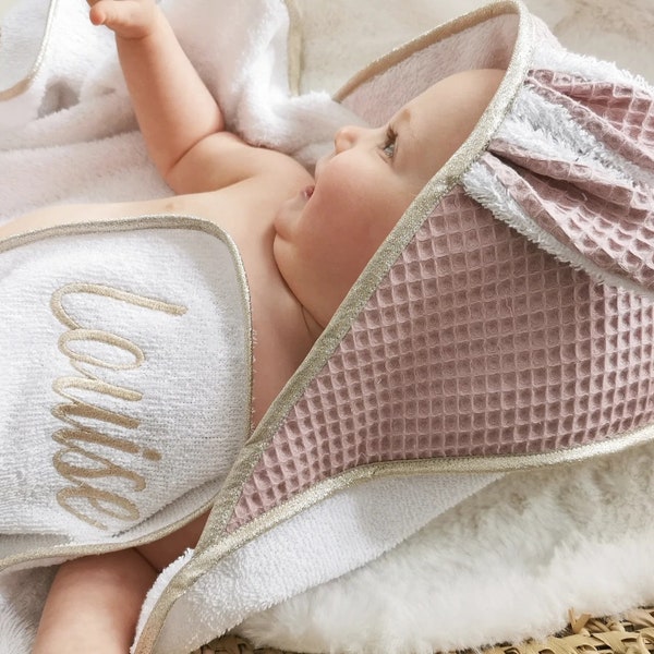 coffret cadeau naissance personnalisé, Jolie cape de bain avec oreilles en éponge de coton et coton gaufré, prénom de bébé,