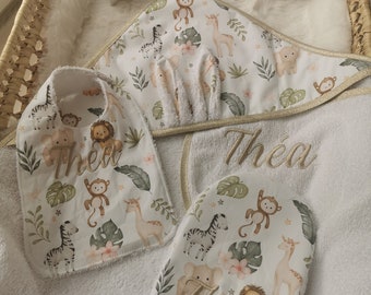 Caja de regalo de nacimiento personalizada, capa de baño con toallita y babero, nombre del bebé