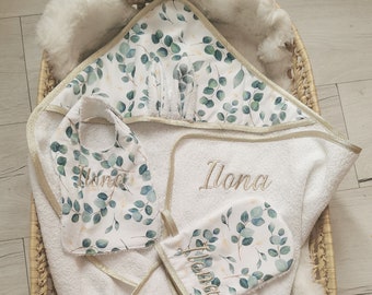 Confezione regalo nascita personalizzata, mantella da bagno con salvietta e bavaglino, nome del bambino