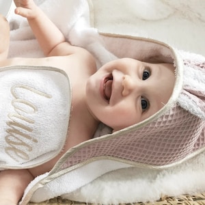 personalized birth gift box, Pretty bath cape with ears in bamboo and waffle cotton sponge, baby&#39;s first name,